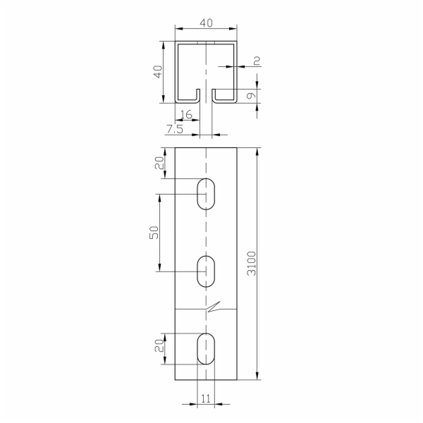 Lemovací profil WG40 děrovaný; šířka štěrbiny 7,5mm; otvor 11x20mm; rozteč 50mm