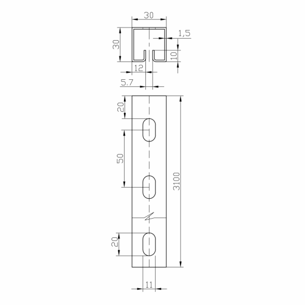 Lemovací profil WG30 děrovaný; šířka štěrbiny 5,7mm; otvor 11x20mm; rozteč 50mm